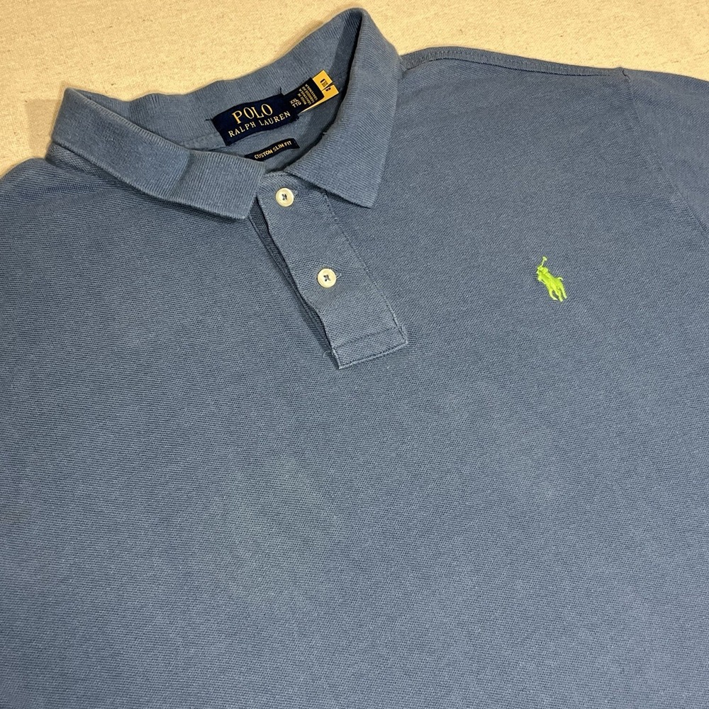 Polo Ralph Lauren Polo Shirt Men 2XL Blue Custom Slim Fit Lime Green Pony Preppy